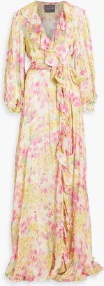 Ruffled floral-print silk-blend chiffon gown