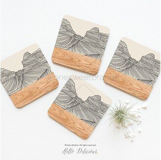 Coaster Set Of 4 Mountain Cork Coasters Gift For Dad Faux Wood Father 100