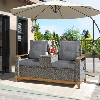 TOSWIN Outdoor Comfort Wood Adjustable Back Loveseat, Armrest with Storage Space for Courtyards, Swimming Pools and Balconies