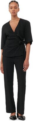 Black Stretch Seersucker Cropped Pants