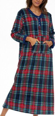 Alexander Del Rossa ADR Women' Warm Fleece Nightgown, Long Kaftan with Pocket for Winter Blue Chritma Plaid 3X Large