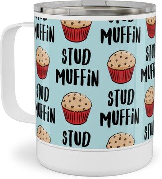 Travel Mugs: Stud Muffin - Muffins - Blue Stainless Steel Mug, 10Oz, Blue