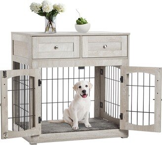 ELETHEBIA 31.5-inch Brown Wooden Dog Crate Table with 2 Drawers Kennel End Table - 23.6W x 31.5L x 32.1H