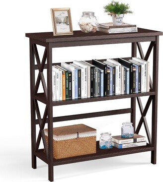 Wooden Shelf Bookcase 3-Tier Open Bookshelf W/X-Design Freestanding Rack Brown