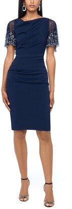 Petite Beaded-Sleeve Sheath Dress - Navy/Silver