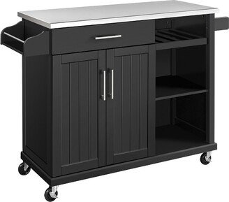 Rolling Storage Kitchen Cart Cabinet with Stainless Steel Top & Storage Shelves-Black