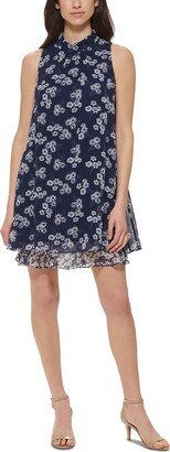 Petites Womens Mock-Neck Short Midi Dress