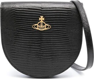 Orb-plaque lizard-effect saddle bag