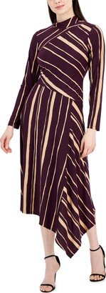 Petite Striped Mock-Neck Asymmetrical-Hem Dress