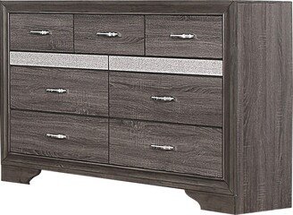 7 Drawer Wooden Dresser with 2 Hidden Jewelry Drawers, Gray and Silver