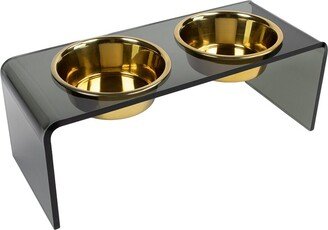 Hiddin Medium Smoke Grey Double Bowl Pet Feeder With Gold Bowls-AA