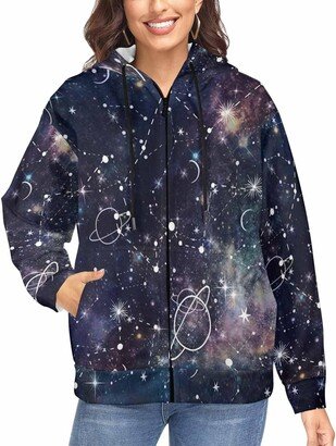 LOSARON Night Planets And Constellations Women's Zipper Drawstring Hooded Jackets Full-Zip Hooded Sweatshirt Zipper Drawstring Hooded Jackets 3XL