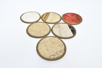 Beer Coaster, Tea Pad, Glass White Striped Ethnic Woven Antique Rug Vintage Table