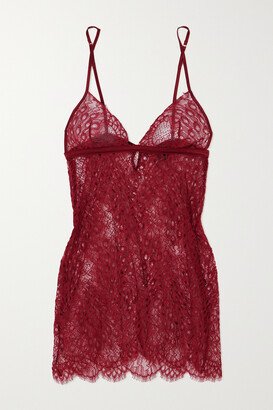 Astrantia Satin-trimmed Corded Leavers Lace Chemise - Red