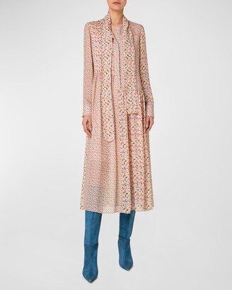 Mini Kaleidoscope Dot Print Patchwork Neck-Scarf Midi Dress