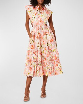 Nicole Sleeveless Floral Cotton Tiered Midi Shirtdress