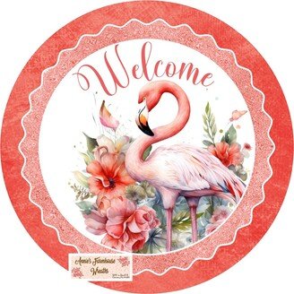 Floral Flamingo Welcome Sign, Wreath Sign, Center, Attachment, Metal Tropical Sign