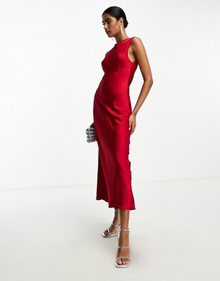 satin midi dress in red