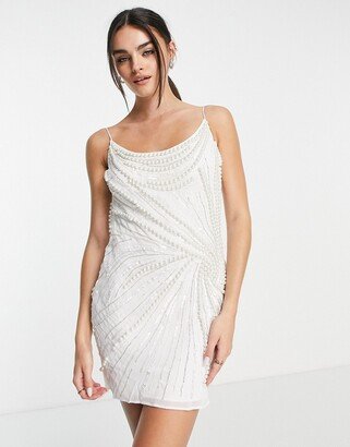 strappy embellished cami dress with swirl pearl detail in white