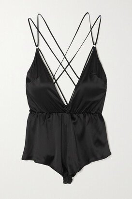 Open-back Gathered Silk-blend Charmeuse Playsuit - Black