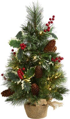 Mixed Pine Artificial Christmas Tree with Holly Berries, Pinecones Lights and Burlap Base, 18