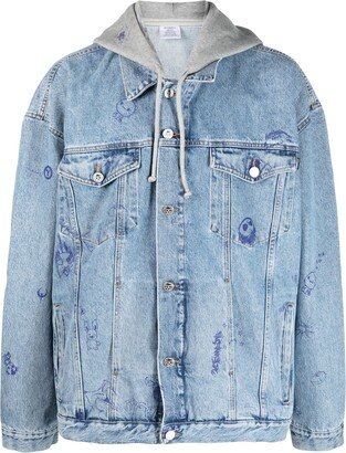 Illustration-Print Hooded Denim Jacket