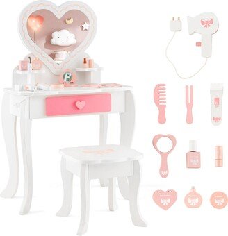 Kids Vanity Set Makeup Table Chair Set Heart-shaped Mirror Accessories Included