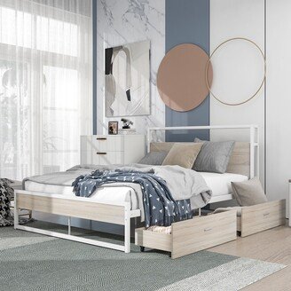 RASOO Metal Platform Bed Frame with Wooden Headboard, Storage Drawers, Sockets, USB Ports