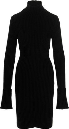 Ribbed Turtleneck Long-Sleeved Midi Dress