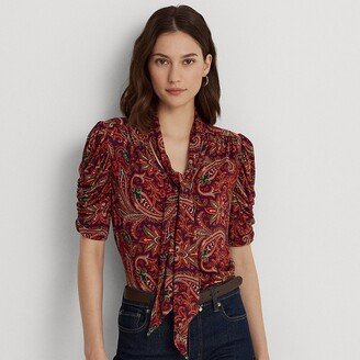 Ralph Lauren Paisley Jersey Puff-Sleeve Tie-Neck Top