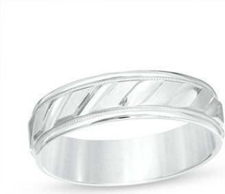 Men's 6.0mm Brushed Milgrain Slant Comfort Fit Wedding Band in 14K White Gold