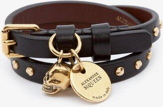 Men's Hammered Studs Double-Wrap Bracelet In Black