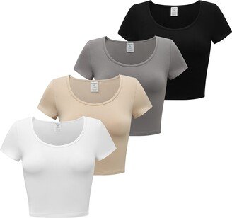 Formeet17 Women’s 4 Pieces Basic Crop Tops Scoop Neck Cap Sleeve Shirts (Medium