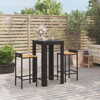 3 Piece Patio Bar Set Black Poly Rattan&Solid Wood Acacia - 15.7 x 17.3 x 33.9