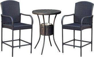 3 Piece Outdoor Patio Rattan Wicker Bar Stool Bistro Set with Ice Buckets