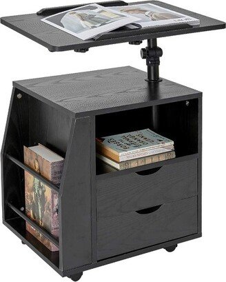 EROMMY 360 Degree Swivel Top Adjustable Height Bedside Nightstand End Table with Storage Drawers, Shelves, Lockable Wheels, and Computer Baffle, Black