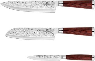 Berlinger Haus 3 Piece Kitchen Knife Set, Hammered Finish Cooking Knives, Sharp Cutting Stainless Steel, Red Wood Knives
