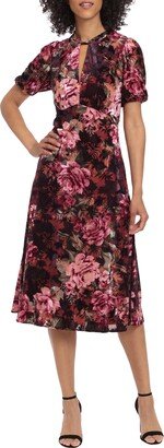 Floral Print Puff Sleeve Velvet Midi Dress