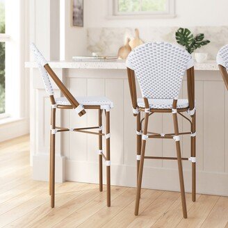 Merrick Lane Celia Set Of Two Indoor/Outdoor Stacking French Bistro Bar Stools With Patterned Seats And Backs And Light Natural Metal Frames-AA