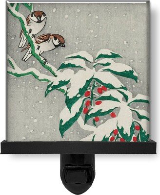 Sparrows On Snowy Berry Bush Christmas Art Glass Photo Night Light, Decorative Lights