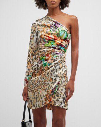 Ava Floral Ocelot-Print Draped Silk Mini Dress