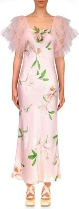 Floral Printed Silk Satin Midi Dress