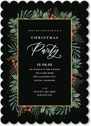 Holiday Invitations: Framed In Sprigs Holiday Invitation, Black, 5X7, Pearl Shimmer Cardstock, Scallop