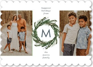 Holiday Cards: Centered Wreath Monogram Holiday Card, White, 5X7, Holiday, Matte, Signature Smooth Cardstock, Scallop