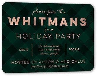 Holiday Invitations: Plaid Party Holiday Invitation Card, Rose Gold Foil, Green, 5X7, Matte, Personalized Foil Cardstock, Rounded