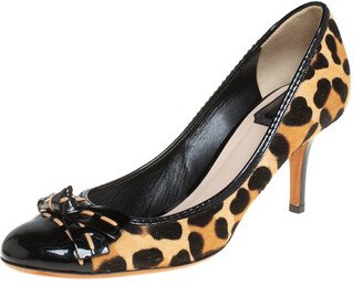 Beige/Black Leopard Print Pony Hair and Patent Leather Bow Pumps Size 39.5