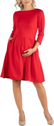 24Seven Comfort Apparel Knee Length Fit N Flare Maternity Dress with Pockets