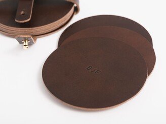 Italian Leather Coaster Set, Personalized, Round Circle With Case, Housewarming Entertaining Gift, Hand Made in The Us, Rich Brown