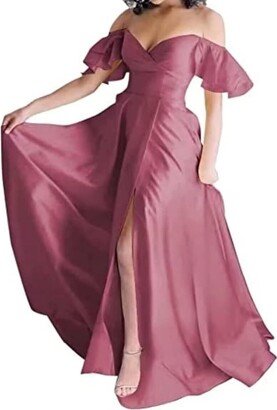 FHMRV Women's Off Shoulder Satin Bridesmaid Dresses for Wedding with Slit Long Formal Evening Dress with Pockets (Color : Desert Rose-AA