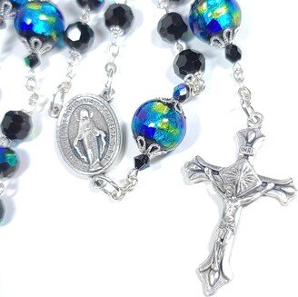 Ladies Black Ab Crystal Catholic Rosary | Aqua Blue Lampworked Beads